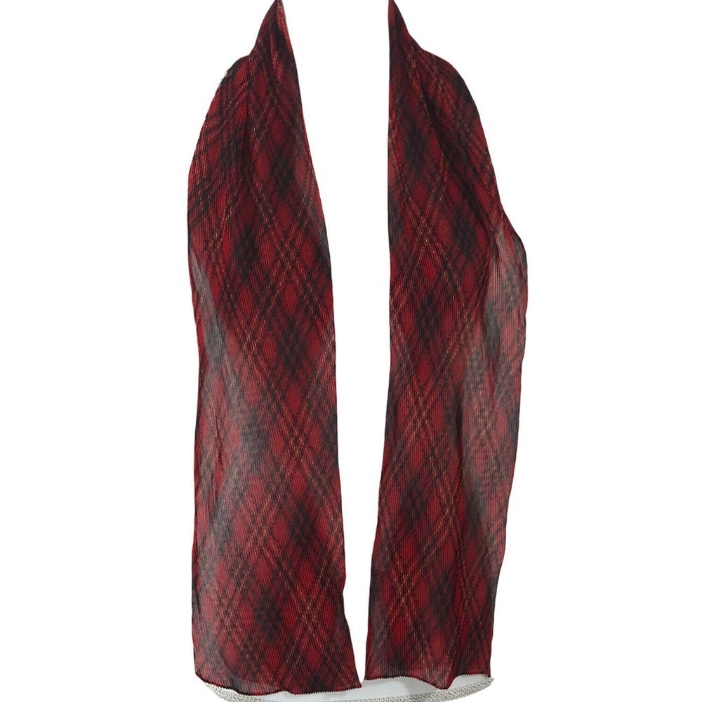 Liz Claiborne Sheer Plaid Red Black Kringle Pleated Rectangle Scarf Holiday